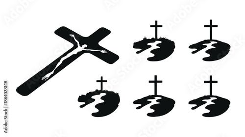 A large horizontal black cross with a crucified figure beside smaller empty crosses on mounds