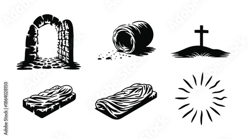 A set of minimalist black and white icons depicting Christian Easter symbols and elements
