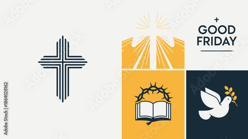 A set of modern Christian symbols for Good Friday and Easter events on a light and dark background