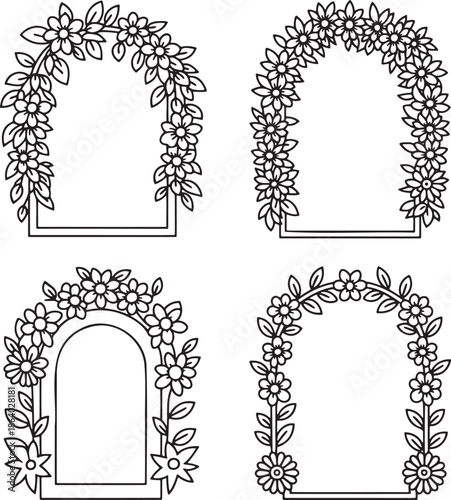 Set of Floral archways Outline vector illustration isolated On Transparent Background