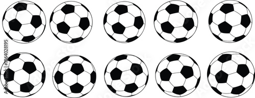 Set of black and white vector soccer balls, football sport equipment icons isolated on white background for design collection