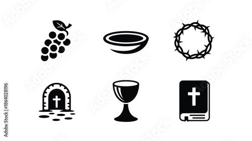 A set of significant black Christian symbols including grapes, a bowl, crown, tomb, chalice, and bible