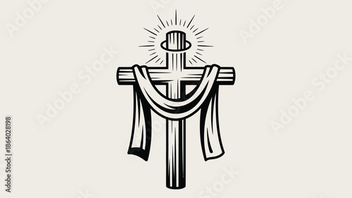 A solemn black and white illustration depicts a wooden cross draped with flowing fabric and radiating light