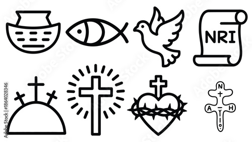 An outline collection of eight different traditional Christian religious symbols on a clear white background