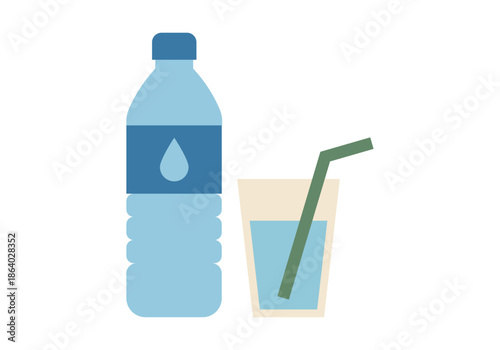 Botella de agua mineral azul junto a un vaso con pajita 