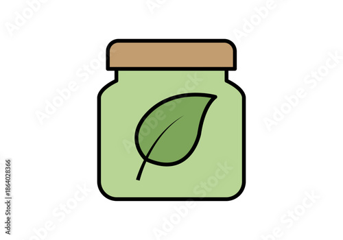 Tarro de vidrio verde con tapa de madera y una hoja natural para productos orgánicos y cosmética ecológica