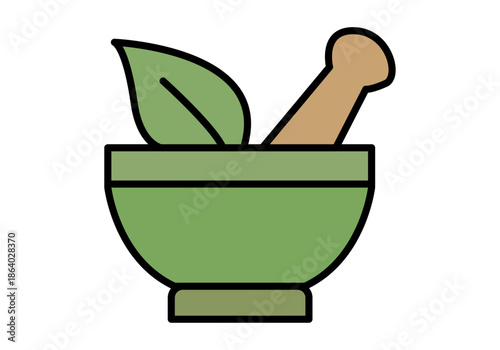 Mortero y mazo de color verde con una hoja natural para conceptos de medicina herbolaria y remedios tradicionales