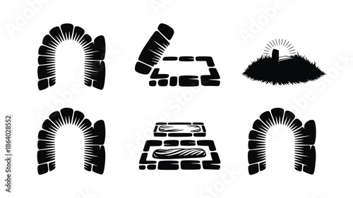 Collection of dark silhouette illustrations depicting various cave entrances and stone burial sites with grave markers