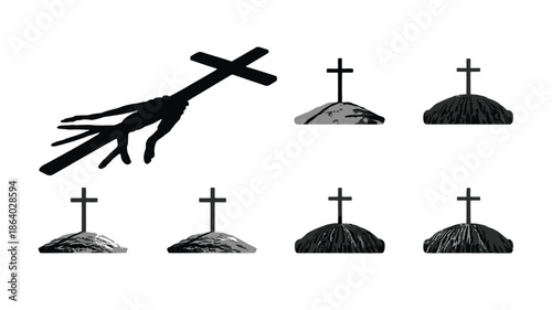 Collection of stark black cross silhouettes set on small mounds, one with long trailing roots