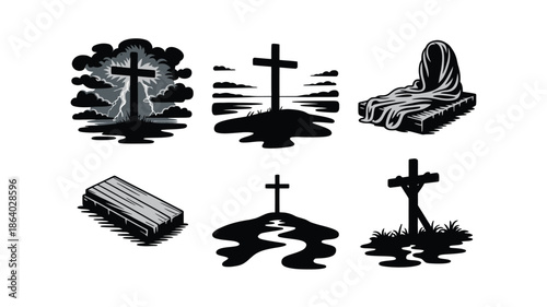 Collection of solemn Christian symbols featuring crosses on hills, gravestones, and memorial markers with clouds