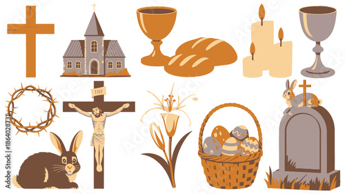 Extensive collection of Christian and Easter symbols including a crucifix church and rabbits