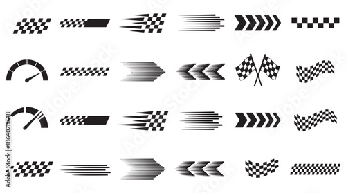 Versatile vector racing graphics set featuring checkered flags, speed lines, arrows, and gauges for automotive, sports, and fast-paced design concepts