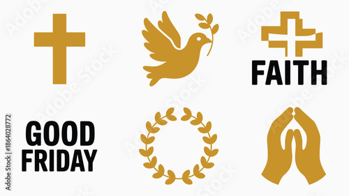 Golden cross icons, a flying dove with olive branch, praying hands, and Good Friday text