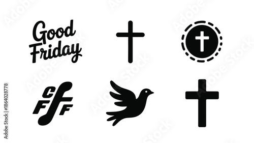 Good Friday lettering with Christian cross symbols and a soaring dove icon set on white