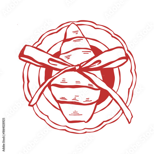 French croissant with a bow on a plate (top view). Pastry isolated on a white background. Vector outline illustration of a sweet dessert. Romantic breakfast.