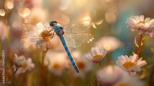 Wallpaper Mural Blue Dragonfly Among Soft Wildflowers Bokeh Torontodigital.ca