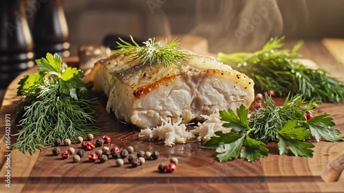 Exquisite Fish Dish: A culinary masterpiece features a perfectly cooked fillet, seasoned with vibrant herbs and peppercorns, resting elegantly on a wooden cutting board, emitting subtle steam.