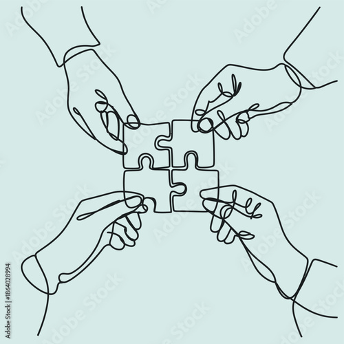 Hands collaborating to connect puzzle pieces in a minimal line art style