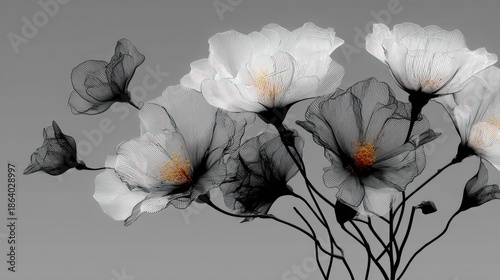 Black and white ethereal flowers with golden centers on a grey backdrop
