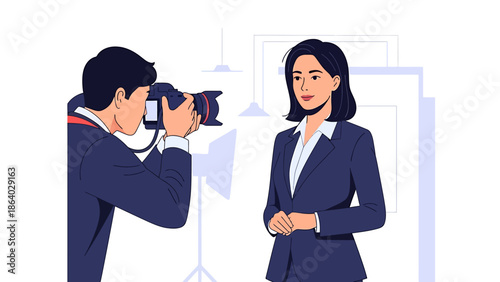 Professional photographer capturing a corporate portrait of a businesswoman in a bright studio setting, emphasizing expert photography services for business profiles and branding