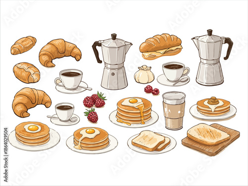 Breakfast Spread with Croissants Coffee Pancakes and Bread