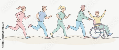 Diverse group of people running together, including one in a wheelchair, symbolizing inclusivity and unity