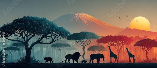 Silhouette of African wildlife against a vibrant sunset and mountain