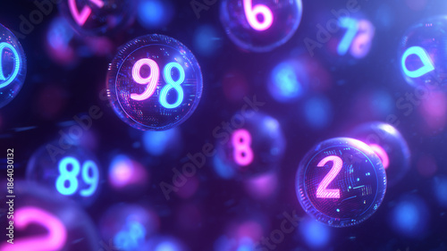 Digital lottery concept with glowing numbers and lottery balls floating above a holographic interface.
