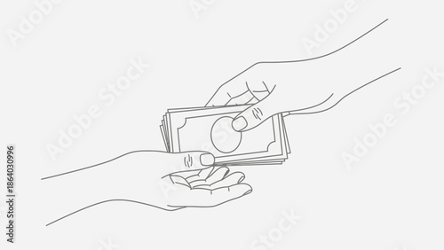 Hands exchanging money in a simple line drawing style.
