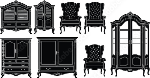 Antique furniture silhouette vector illustration set, vintage armchairs and wooden cabinets collection isolated on white background for interior design