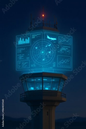 Air traffic control tower managing airplane movements with a glowing, transparent display showing radar, flight paths, and data