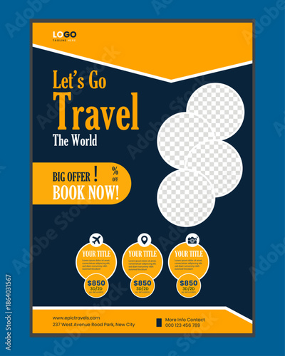 set of travel flyer template for holiday in black and orange color. A4 size travel brochure design.