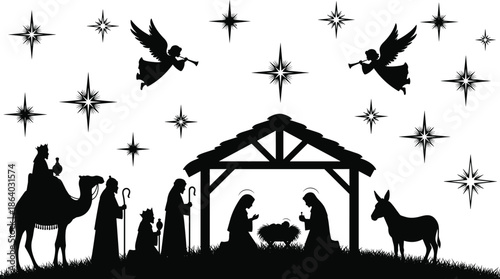 Black vector silhouette of Christmas Nativity scene with Three Wise Men, Holy Family, angels, and stars, isolated on white background