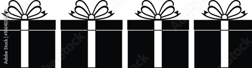 Black vector silhouettes of four gift boxes with white ribbons and bows isolated on white background for holiday design
