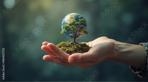 Hand Holding Miniature Earth with Tree Growing on Soil in Environmental Conservation Concept