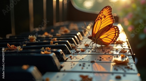 Butterfly Resting on Piano Keys in Warm Sunset Light