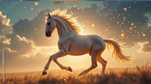 White Horse Running in Sunset Field with Sparkling Particles