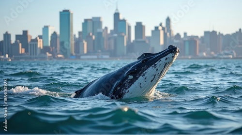 Whale Breaching in Ocean with City Skyline in Background