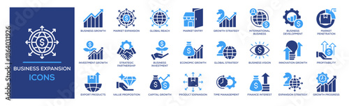 Business Expansion icon set. Containing design Business Growth, Market Expansion, Global Reach, Market Entry, Growth Strategy. Solid icon collection.