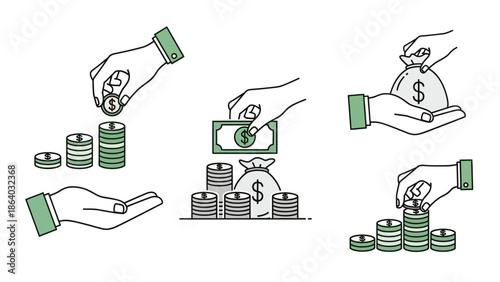 Collection of Hand Drawn Icons Illustrating Financial Transactions and Savings.