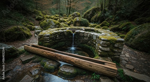 Serene moss-covered stone well in a lush, rocky forest, water flows
