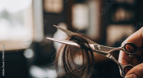 Sharp metal scissors poised to cut dark brown hair strands