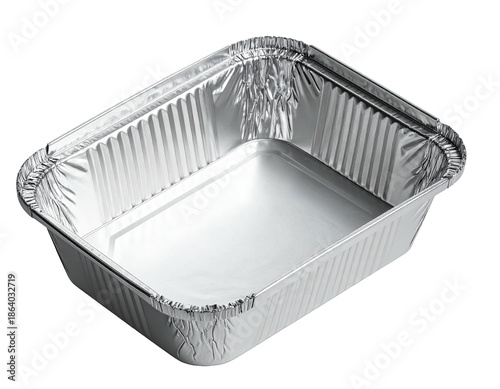 A single, rectangular, ribbed aluminum foil container, empty, with reflective, glossy surface
