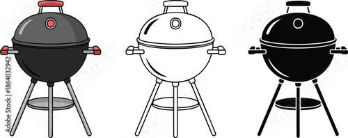 Barbecue grill silhouette & Outline and illustration set isolated on transparent background