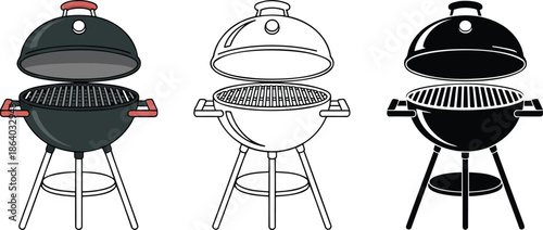 Barbecue grill silhouette & Outline and illustration set isolated on transparent background