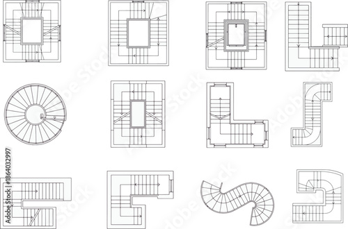 Architectural design presents a detailed overhead view of diverse staircases, showcasing various patterns and configurations, offering inspiration for innovative architectural layouts.