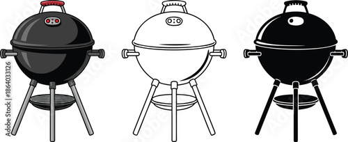 Barbecue grill silhouette & Outline and illustration set isolated on transparent background
