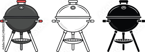 Barbecue grill silhouette & Outline and illustration set isolated on transparent background