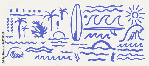Hand drawn doodle beach, wave and surf vector drawing set. 