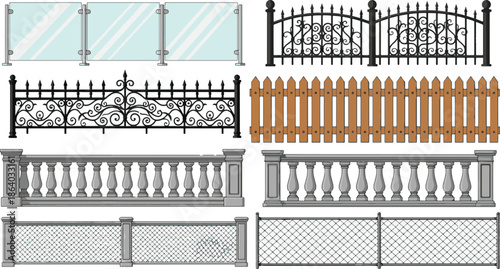 An array of various distinct fence styles, capturing a diverse array of design, material and form, suitable for property boundaries and architectural enhancement.